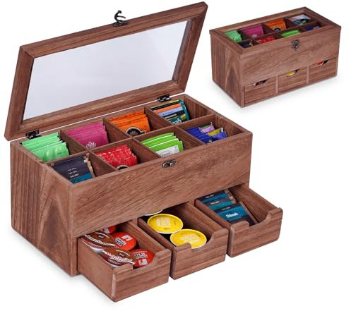 WPAJIRZO Teebox Holz für Teebeutel - Aufbewahrungsbox Groß mit 8 Fächern & 3 Schubladen - Rustikaler Organizer für Teebeutel, 33 x 17 x 15 cm