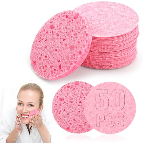 50 st komprimerade ansiktssvampar, ansiktssvampar rengöring av 100 % naturlig trämassa bomull ansikten rengöringsdynor för daglig ansiktsrengöring och sminkborttagare (5 cm, rosa)