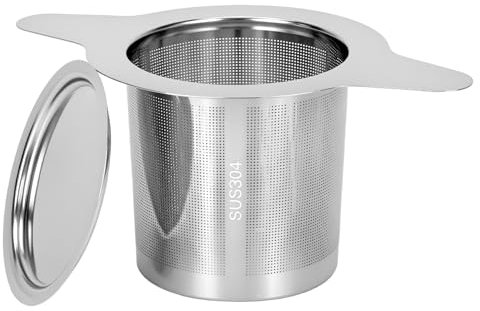 QWORK® Infusionador de te, filtro de té con tapa y asas dobles, colador de té de acero inoxidable 304, para teteras, vasos, tazas