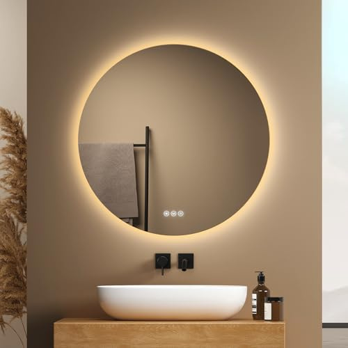 EMKE Runder Badspiegel mit Beleuchtung 60cm, 3 dimmbaren Lichtfarben | Badezimmerspiegel mit dimmbarer Beleuchtung, Antibeschlag, Touch-Schalter und Speicherfunktion, ideal für das Badezimmer