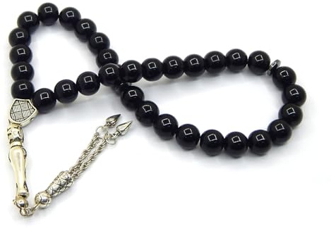 Perlin Gebetskette Gebetsperlen Tesbih Tasbih Tespih Misbaha Subha 33, 10mm Muslimisches Islamic Rosenkranz mit Onyx Edelstein Schwarz Perlen Schmuck Armbänder Anbetungszubehör
