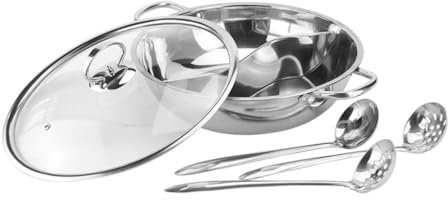 GRIRIW Pentola Hot Pot Set in Acciaio Inossidabile Include Cucchiaio e Scolapasta con Divisorio Doppio Sapore, Capacità Grande, Adatta a Fornelli per Riunioni