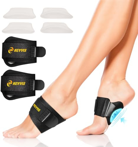 NEVVIS Arch Support Braces with Replaceable Gel Pads, Adjustable Orthotic Arch Support for Women Men, Relief for Plantar Fasciitis, High Arch, Flat Feet, Foot Fatigue, Arch Pain, 4 Pads with 2 Heights