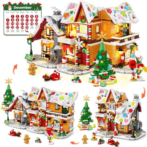 HOGOKIDS Calendario de Adviento 2025, casa de jengibre, mini juguete de construcción con luces, 24 días de Navidad, cuenta regresiva, 3 estilos, pueblo navideño, bloques de sujeción, regalo para