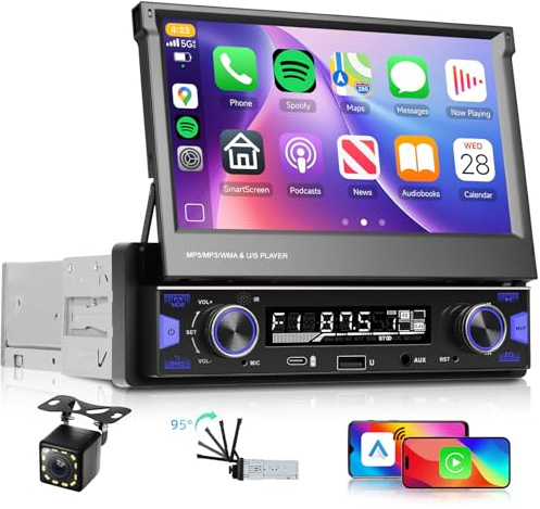 Hodozzy Bilradio 1 DIN med CarPlay Android auto, trådlös, dragbar pekskärm, 7 tum (17,8 cm), Bluetooth-radio FM/AM/RDS, MP5-radio med MirrorLink/USB/AUX/Typ-C + rattkontroll och kamera