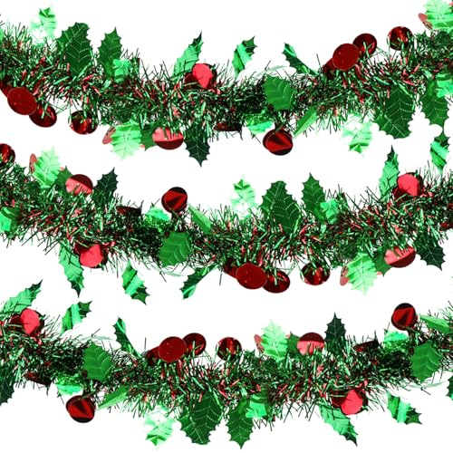 Holly Berries Christmas Tinsel Garland, 10m / 32.8ft Christmas Tree Metallic Tinsel Xmas Tinsel Shiny Garland Thick Hanging Decorations for Xmas Party Home Decorations (Holly Berries)