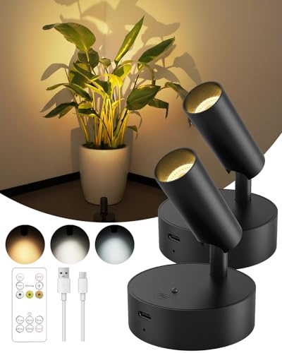 GOODEA Spot LED Sans Fil pour intérieur 3000 mAh,Applique Murale Intérieure rechargeable à 3 couleurs et gradation de lumière, pour mur et arbre, éclairage ascendant autocollant pour plantes
