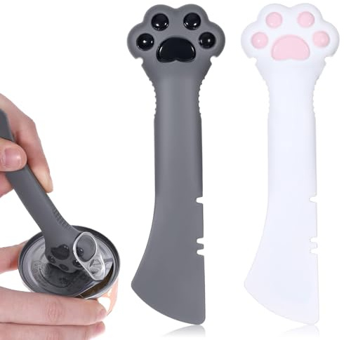 2PCS Cat Food Spoon, Reusable Cat Paw Pet Foods Can Opener with Spoon, Silicone Pet Foods Spatulas for Cats and Dogs, Cute Pet-Can Opener Spatula Scoop for Wet or Dry Food (White, Gray)