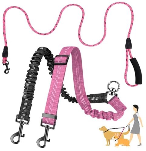 Double Ended Dog Lead,2 Dogs Walking Leash with Soft Handle,Adjustable Double Dog Lead for Walking 2 Dogs No Tangle,Nylon Splitter No-Tangle Dual Leash Coupler for Dog Walk Training Lead (Pink,Black)
