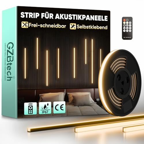 GZBtech Akustikpaneele LED Streifen mit Fernbedienung 3M, Flexible Schneidbar 3000K Warmweiss Dimmbar Wandpaneele Strip light, IP67 wasserdicht Schwarz Selbstklebend Licht für Akustikpaneel, Regal
