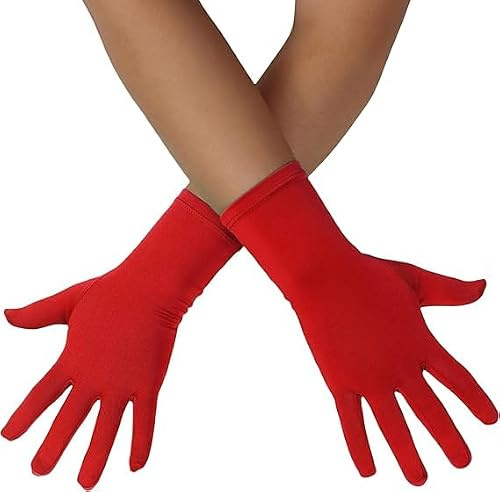 ALUNME Black Feather Satin Opera Evening Wedding Women's Gloves (red, onesize)