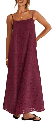 MEROKEETY Women's Summer Spaghetti Straps Sundress 2026 Casual Sleeveless Floral Lace Eyelet Boho Beach Maxi Dress, Wine, Medium