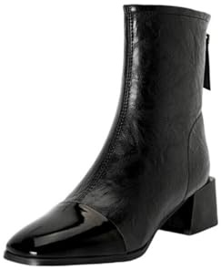 Générique Bottines Femme Cuir Verni Bout Carré Talons Moyens Carrés Fermeture Arrière Confortables Antidérapantes Résistantes Décontractées Bureau,Noir,38.5 EU