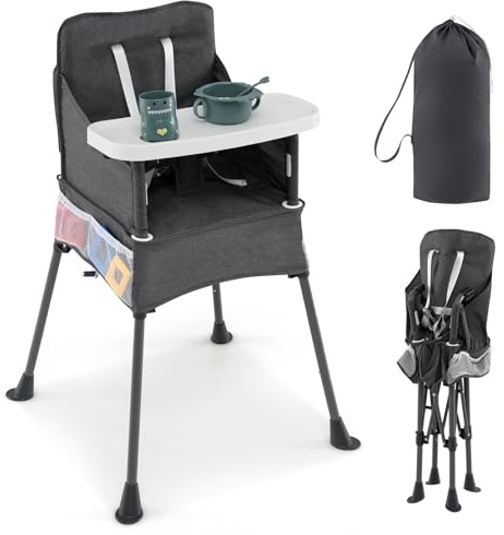 GOPLUS Trona Plegable para Bebés, Silla Alta Portátil Moderna de Viaje con Bandeja de 2 Posiciones, Protector Ajustable de Seguridad, Tejido Lavable, Bolsillos para Comer para Bebés de 6 a 36 Meses