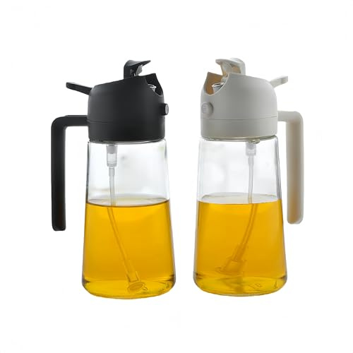 LUTAKU 2-Pack 470 ml 2-i-1 oljespray & dispenser set, glasflaska för olivolja med utgjutningsmunstycke för matlagning, sallad, grill, fritös (svart & vit)
