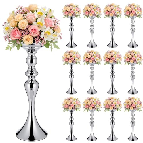 Sadnyy 12 Pcs Sliver Metal Flower Arrangements Stand Tall Wedding Centerpiece Stand Table Decor Flower Vase for Wedding Reception Event Party Dinner Home Decor (15 Inch)