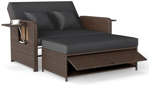 COSTWAY Rotting lounge soffa, lounge möbler utomhus, trädgårdssoffa med liggfunktion, 2-sitsig trädgårdsslounge med kuddar och sidohyllor, polyrattan trädgårdsmöbler, balkongmöbler liten balkong (mix