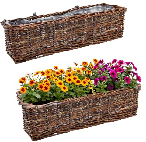 Spetebo Rattan Balkonkasten 2er Set eckig mit Folie Natur dunkel - 60 x 19 cm - Rattan Blumenkasten mit Aufhängung für Geländer bis 3,5 cm - Pflanzkasten Blumenkorb Blumentopf Weidekorb geflochten