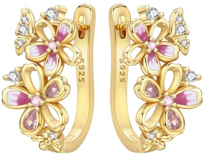 CYMYSS Vergoldet Ohrringe Silber 925 Creolen für Damen Gold Ohrringe für Damen Ohrringe Gold Goldene Ohrringe Damen Ohrringe Damen Goldschmuck Geschenke (Kirschblüten-Schmetterling)