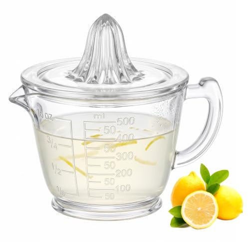 Spremiagrumi in vetro di alta qualità, manuale con misurino da 500 ml, senza BPA, lavabile in lavastoviglie, adatto per limone, lime, arancia, pompelmo