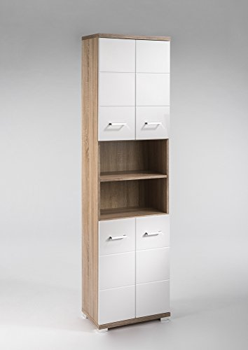 byLIVING Bad-Hochschrank Nebraska, B 50, H 192, T 31,5 cm | Badschrank Sonoma Eiche, Türen Hochglanz Weiß, Badschrank 4 Türen mit offenen Elementen & viel Stauraum