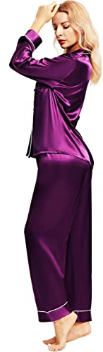 Satin Silk Pajamas for Women Pajama Set With Long Sleeve Button-Down Satin Pajamas Sleepwear Purple M