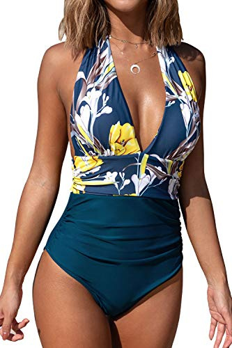 CUPSHE Bañador para Mujer Halter Cuello en V Fruncido Traje de Baño de Una Pieza, Floral-Azul Oscuro, M