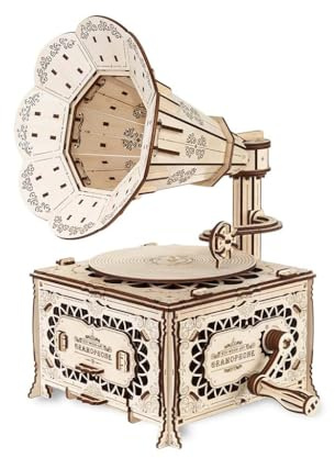 EWA Eco-Wood-Art Grammofon 3D-Holzpuzzle für Jugendliche und Erwachsene-Mechanisches Modell Grammophon-DIY-Bausatz, Selbstmontage, kein Kleber erforderlich, Natur, Braun