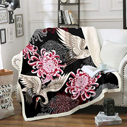 Coperta in giapponese con motivo a gru in peluche,per divano,letto,divano,crisantemo,fiori,coperta in pile esotico Sherpa coperta rossa floreale per neonati,76,2 x 101,6 cm