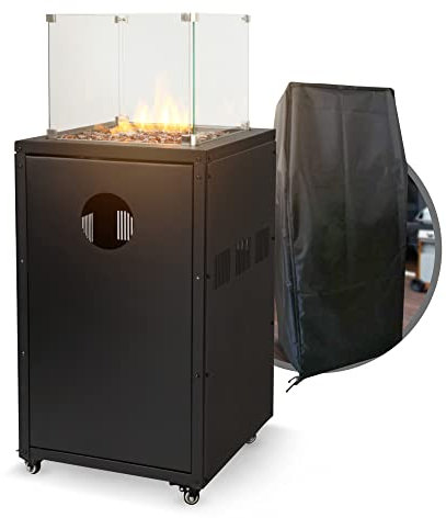 APANA Gas Heizstrahler FUEGO 8kW – Terrassenfeuer mit Sichtfenster & Rollen – Heizpilz für Garten, Balkon & Terrasse – inkl. Abdeckhaube, Umkippsicherung & Abschaltautomatik – schwarz
