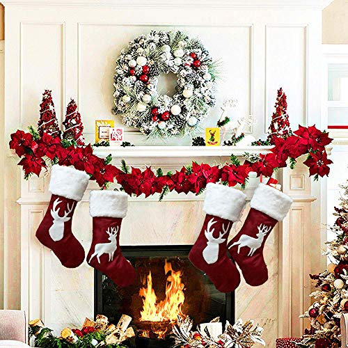 Atroy Weihnachtsstrümpfe, 4 Stück, rote Weihnachtsstrümpfe, Jute, kariert, mit Weihnachtsmann, Schneemann, Rentierbaum und Plüsch-Kunstfell-Manschette, große Weihnachtsstrümpfe, Dekoration für