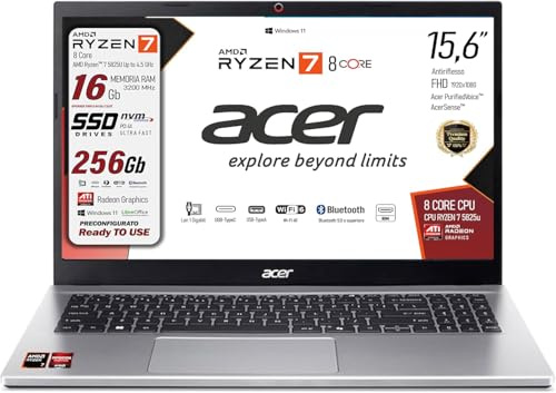Acer Notebook portatile, Ryzen 7 5825 8 CORE, RAM 16Gb, SSD Pci Nvme da 256Gb, Display antiriflesso da 15,6 Full HD, 4 usb, wi-fi 6, hdmi, Lan Rj45, Win 11, Preconfigurato, garanzia Italia
