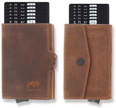 Solo Pelle NEU dünne Geldbörse | Kreditkartenetui | Leder Geldbörse Slim Wallet Portmonee | mit RFID Schutz für bis zu 6-11 Karten Model: Merch mit Scheinfach + Kleingeldfach (Vintage Braun)