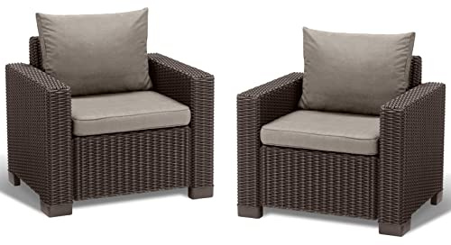 Allibert by Keter Gartenlounge Sessel California, braun/warm taupe, 2er Set, inkl. Sitz- und Rückenkissen, Kunststoff, runde Rattanoptik, 252919, 83 x 68 x 72 cm