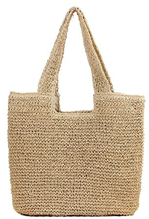 Hixingo Paille Tissé Sac À la Main, Sac de plage d'été en Paille Décontracté pour Femmes en Creux avec Bandoulière Tissée Sac Bandoulière Mode Sac Bandoulière Boho (Beige,40x42x28cm)