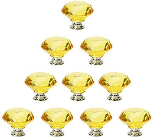 JIABOSE 10pcs 40mm Yellow Crystal Door Knobs for Cabinet Drawer Wardrobe Home Decorating with Silver Base