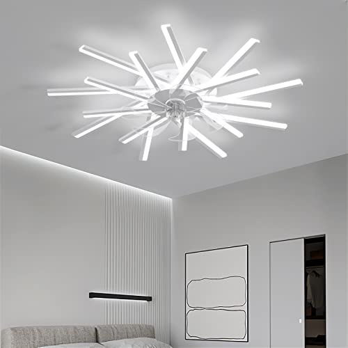 LJX Lampadario Ventilatore con Telecomando APP Reversibile DC Grande Ventilatore da Soffitto con Luce Dimmerabile 6 Velocità Lampadari Ventola per Soggiorno Camera da Letto, Bianco, 92cm