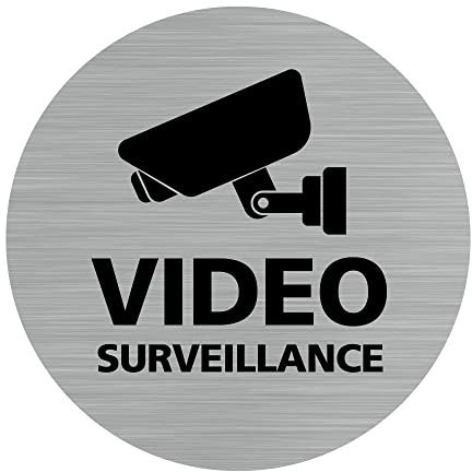 Signalétique.biz France - Plaque de porte Vidéosurveillance. (Q0163) - Diamètre 83 mm - Adhésif aspect aluminium brossé