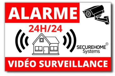 SecureHome Systems - Lot de 8 autocollants fond blanc dissuasifs vol 8,5x5,5cm - Alarme + Vidéo-surveillance 24h/24 - Haute qualité, résistance pluie et UV…