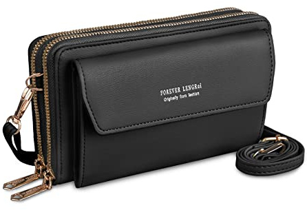 Kememo Handytasche zum Umhängen und Tragen, Damen Umhängetasche mit 12 Kartenfächer, Veganes Leder, Portemonnaie, Reißverschluss, Crossbody, Schwarz