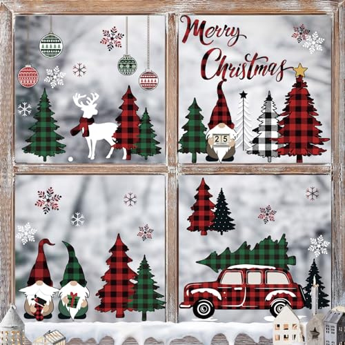 decalmile Fensterbilder Weihnachten Rot Auto Gnom Fensteraufkleber | Statische Anti-Kollision Fensterdeko, Beidseitiger Druck, auf Beiden Seiten klar Sichtbar, Wasserdicht, Abnehmbar