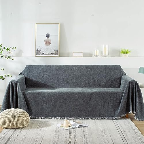 Mesnt Sofa Überzug Hundeschutz, Chenille Couchschutz für Haustiere Einfarbig mit Fransen Dunkelgrau, 180x130CM