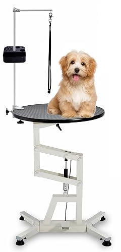 CHHMAELOVE Runder Hundepflegetisch 60cm, Luftdrucklift mit Aufbewahrungsbox, höhenverstellbarer Pflegetisch, Faltbarer Badetisch mit Überkopfarm und 2 Schlingen, maximale Belastung 220 Pfund
