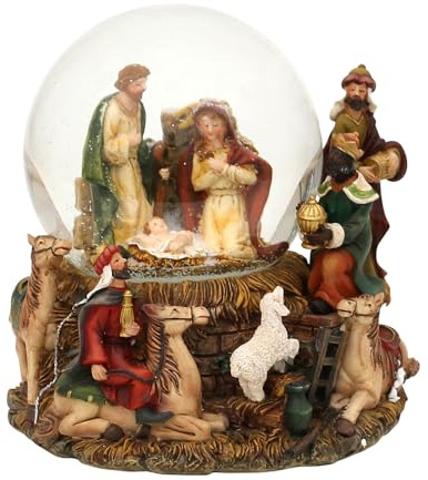 Schneekugel - Heilige Familie und die Heiligen DREI Könige - L/B/H/Ø Kugel 14 x 13 x 15,5 cm/Ø 10 cm, mit Spielwerk, Melodie - Stille Nacht -