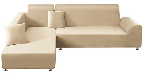 jianyana Sofa Cover L Shape Elastic Corner Sofa Couch Protector 3-Seater L Shaped Corner Sofa Throws Stretch Couch Cover 2 Pieces + 2 Pieces Cushion Covers (Beige)