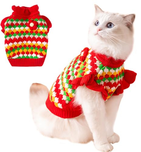 Anelekor Small Dog Sweater, Knitted Tulip Cat Sweater, Warm Thick Holiday Puppy Clothes for Small Dog Girl,Cold Weather Outfit for Kitten Chihuahua Yorkie Teacup Dachshund Pug (Red, Small)