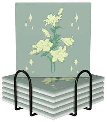 Set di 6 sottobicchieri quadrati in ceramica con stampe di gigli bianchi dei cartoni animati: fondo in sughero antiscivolo adatto a tutte le tazze da caffè, bicchieri e tazze