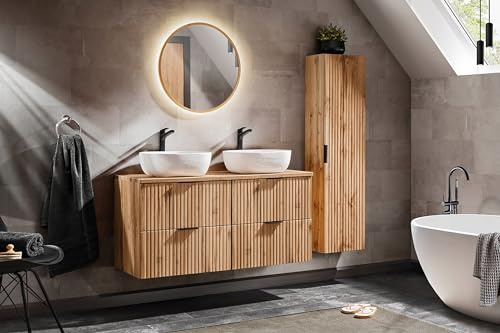 Muebles Slavic Meuble de salle de bain suspendu avec 2 lavabos 3 poignées coloris chêne 80 cm