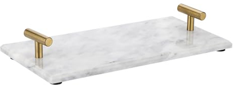 BSTKEY Serviertablett aus natürlichem Marmor, dekorativer rechteckiger Serviettenhalter, Papier-Gästehandtuchhalter, Arbeitsplatten-Tablett mit Griffen (grau)