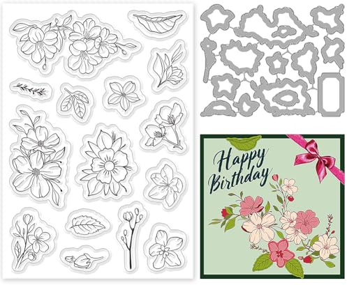 ORIGACH Blume Stempel und Stanzformen Set Blumen Silikonstempel und Stanzen Zur Kartengestaltung Für Papierkarten Basteln Journaling Fotoalbum Dekoration Und DIY Scrapbooking